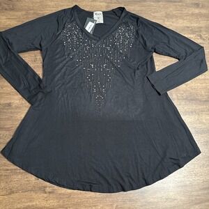 USA New VOCAL Black Long Sleeve Showered In Rhinestones Shirt Top Y2K XL NWT